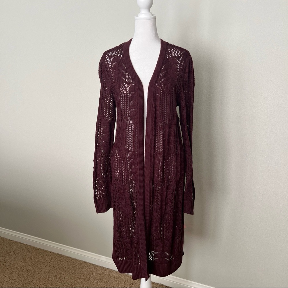 Greige Wine Open Front Open Knit Duster Cardigan Jacket Size Small NWT